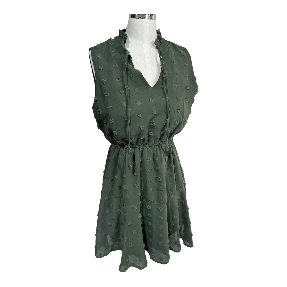 Simplee Swiss Dot Chiffon Ruffle Mini Dress Army Green Cottagecore Women's Small - Picture 2 of 9